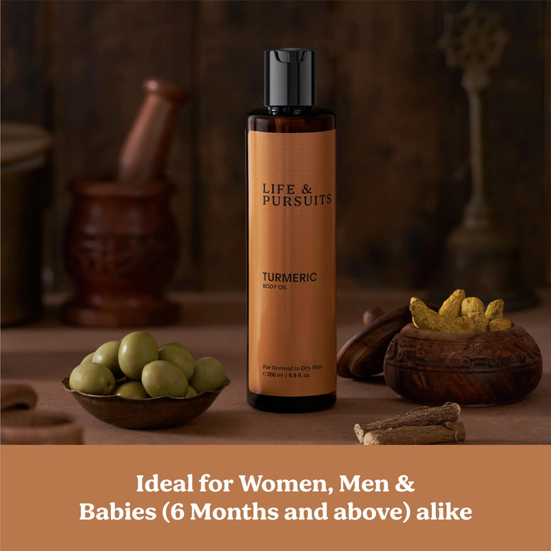 Life & Pursuits Turmeric Body Oil for Dry Skin 6.8 Fl Oz | Lightweight Daily Body Oil with Turmeric, Squalane & Vitamin E | Deeply Nourishes, Softens & Moisturizes | Fast-Absorbing Body Massage Oil 6.76 Fl Oz (Pack of 1)
