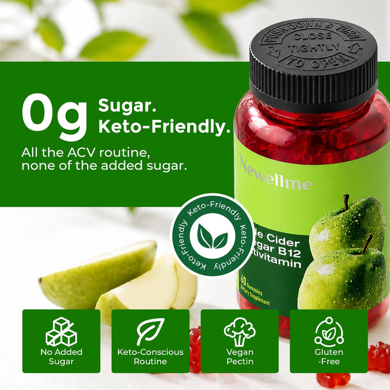 NEWELLME Sugar-Free Apple Cider Vinegar Gummies with B12,30 Counts | 1000mg ACV with The Mother,0g sugar ACV gummies,Digestive Wellness Support,Energy Metabolism Support,Keto-Friendly Formula 30 Count (Pack of 1)