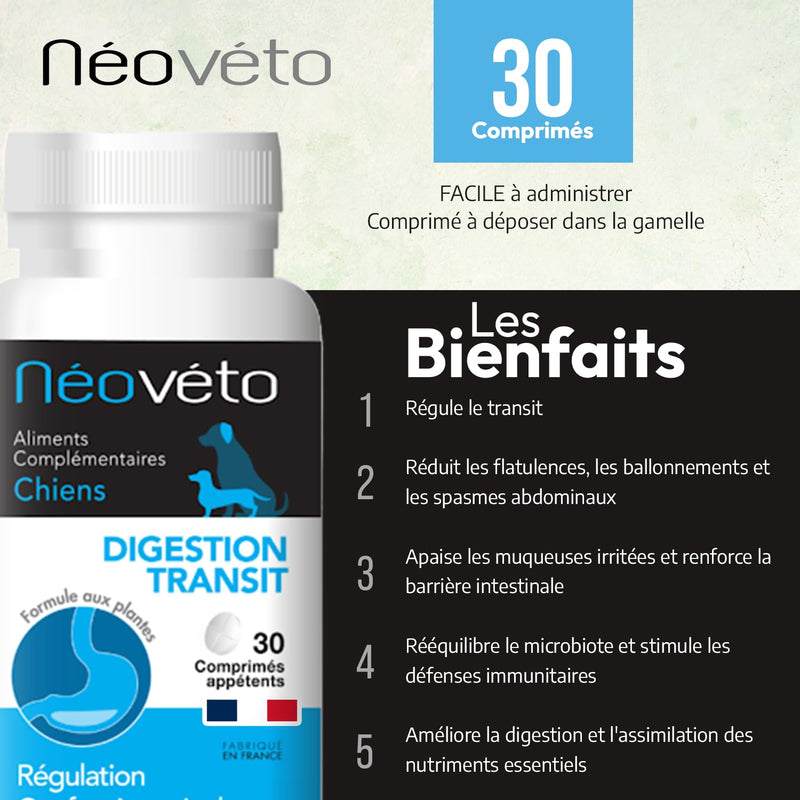 NEOVETO - Digestion Transit - 30 natural tablets for Dogs - Intestinal hygiene - Active ingredients approved by French Veterinary Services - Made in France - Easy to administer