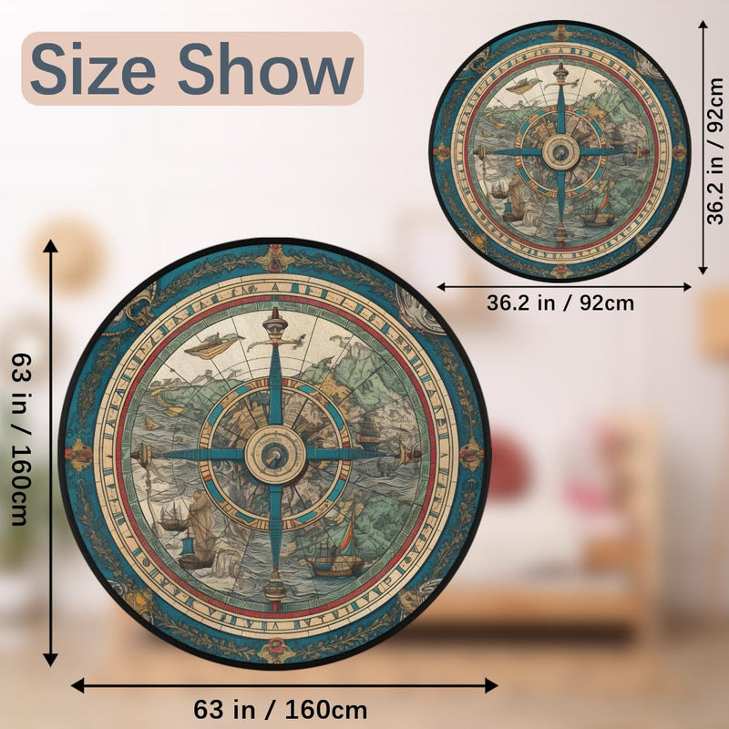 Round Area Rug 3 ft - Vintage Compass Washable Circle Rugs Non Slip Round Floor Mat - Soft Large Carpet for Living Room Nursery Bedroom Kitchen 3' (Round) - BeesActive Australia