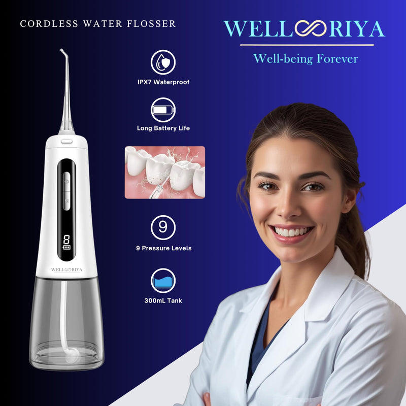 Cordless Water Dental Flosser – Power Dental Flosser for Teeth & Gums, 9 Pressure Levels, 300mL Tank, USB-C Rechargeable Oral Irrigator, IPX7 Waterproof for Braces & Travel – Wellooriya (White) White
