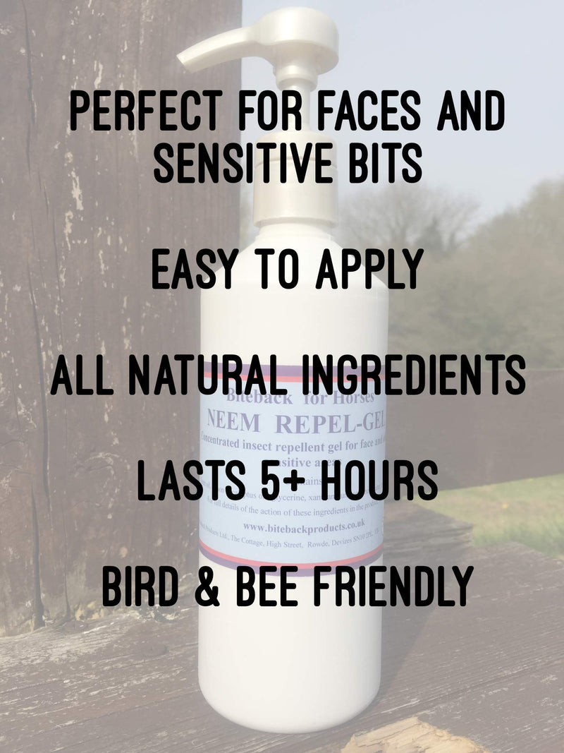 Biteback Products 'Neem Repel Gel' – Natural Horse Fly, Midge & Tick Repellent for Riders & Outdoor Enthusiasts – 5-Hour Protection – Neem & Lemon Eucalyptus, DEET-Free – Gentle on Skin – 500ml