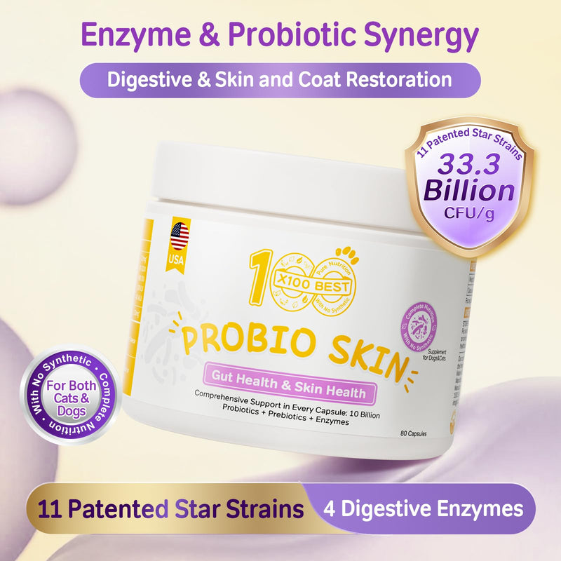 Probiotics for Dogs, 4 Digestive Enzymes & 11 Probiotics Blend, Supports Pet Gut Health, Itchy Skin & Yeast Issues Relief, Sensitive Stomach, Digestion & Immune System, 80 Capsules