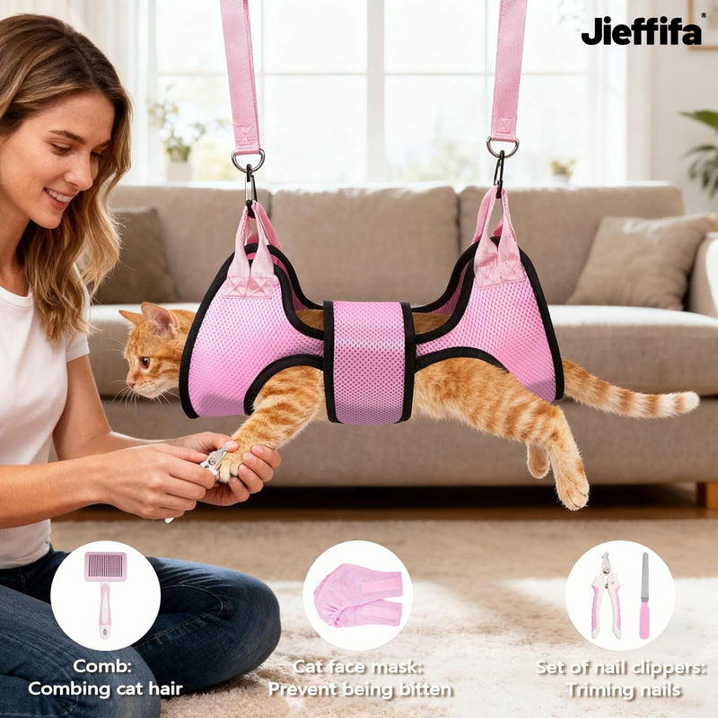 Dog Grooming Hammock, Cat/Small Dog Hammock for Nail Trim, Hanging Harness for Claw Care,Grooming Sling Holder Hanger with Thick Fabric Neck Support Wide Strap Restraint(Pink,xs) Pink - BeesActive Australia
