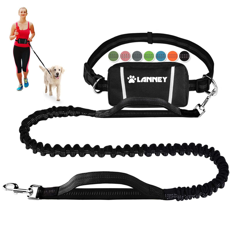 Hands Free Dog Leash, Waist Running Leash with Zipper, Walking Pouch for Medium Large Dogs, Dual Handle and Retractable Bungee for Training Jogging Hiking Black/Black