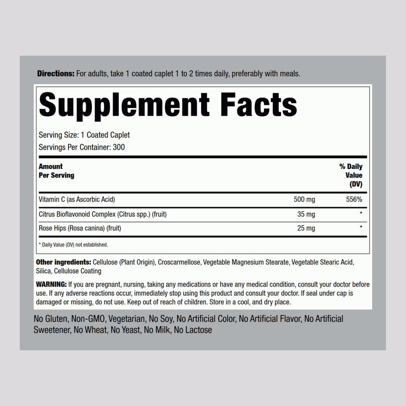 Piping Rock Vitamin C 500mg | 300 Caplets | Supplement for Women and Men | with Rose HIPS and Bioflavonoids | Vegetarian, Non-GMO, Gluten Free