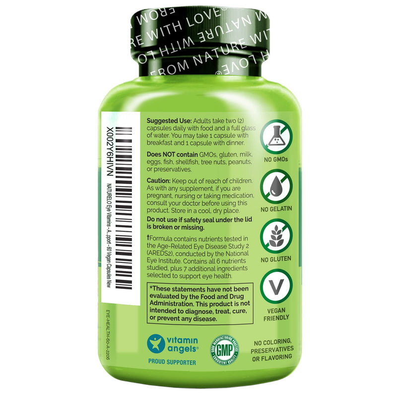 NATURELO Eye Vitamins, AREDS 2 Formula, 60 Vegan Capsules, 2 Pack | Nutrients with lutein, zeaxanthin, vitamin C, vitamin E, zinc, plus DHA, Supplement for Dry Eyes, Healthy Vision, Eye Support Unflavored 60 Count (Pack of 2)