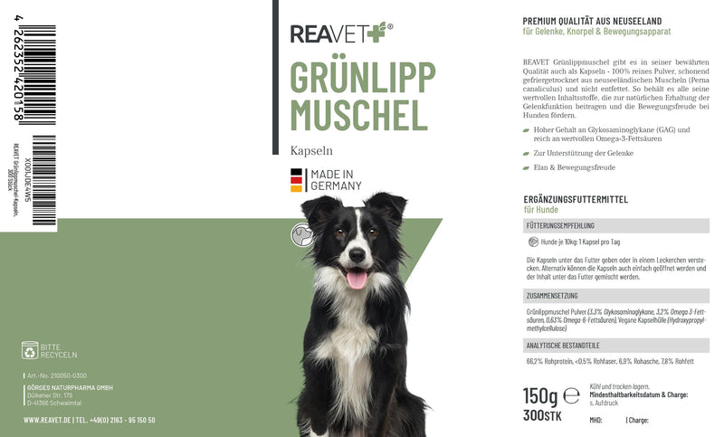 ReaVET green-lipped mussel capsules for dogs, high dosage, 300 pieces - joint tablets for dogs with green-lipped mussel powder in full-fat quality 10.2%, green-lipped mussel extract for joints, 300 pieces