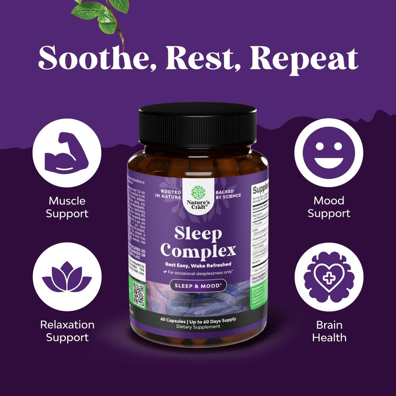 Sleep Support Capsules with Magnesium L-Theanine & GABA - 60 Count | Non-addictive sleep formula with herbal ingredients to support healthy rest & relaxation