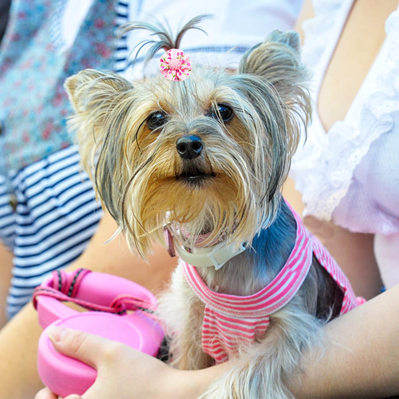 30PCS/15PAIRS Pink Dog Hair Bows with Rubber Bands Puppy Hair Bowknot Top Knot Elastic Radom Pattern for Girl Female Doggy Poodle Pet Animal Grooming Accessories Attachment - BeesActive Australia