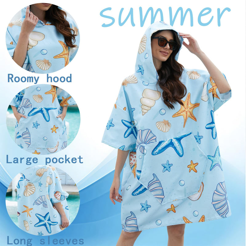 Surf Poncho Hooded Beach Towel Quick Dry, Terry Cloth Changing with Oversize Pockets, Swim Cover Up for Adults Men & Women Surfing Beach Aquatics, Gift for Swimmer Lovers Blue Shell 43.3"L x 33.5"W