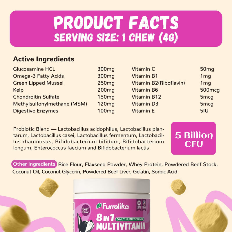 Furrolika 60 Count Multivitamin Soft Chews -Made in The USA- Dog Vitamins and Supplements with Glucosamine, Chondroitin, Digestive Enzymes, Probiotics - Hip & Joint, Immune System, Skin & Coat Support