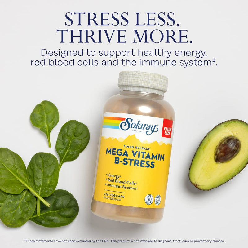SOLARAY Mega Vitamin B-Stress - Timed Release Vitamin B Complex w/Vitamin B12, B6, Folic Acid, VIT. C - Stress, Energy, Red Blood Cell, Immune Support - Vegan, 60-Day Guarantee (276 CT) | Daily vitamin supplement in an easy-to-use format