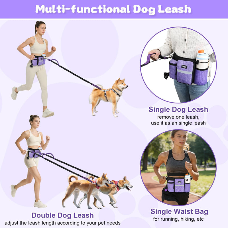 ETACCU Heavy Duty Hands Free Dog Leash with Zipper Pouch Waist Belt for Large Medium Dogs for Running, Walking, Jogging and Hiking, Dual Padded Handles and Durable Bungee (1 Dog Purple) 1 Dog Purple - BeesActive Australia