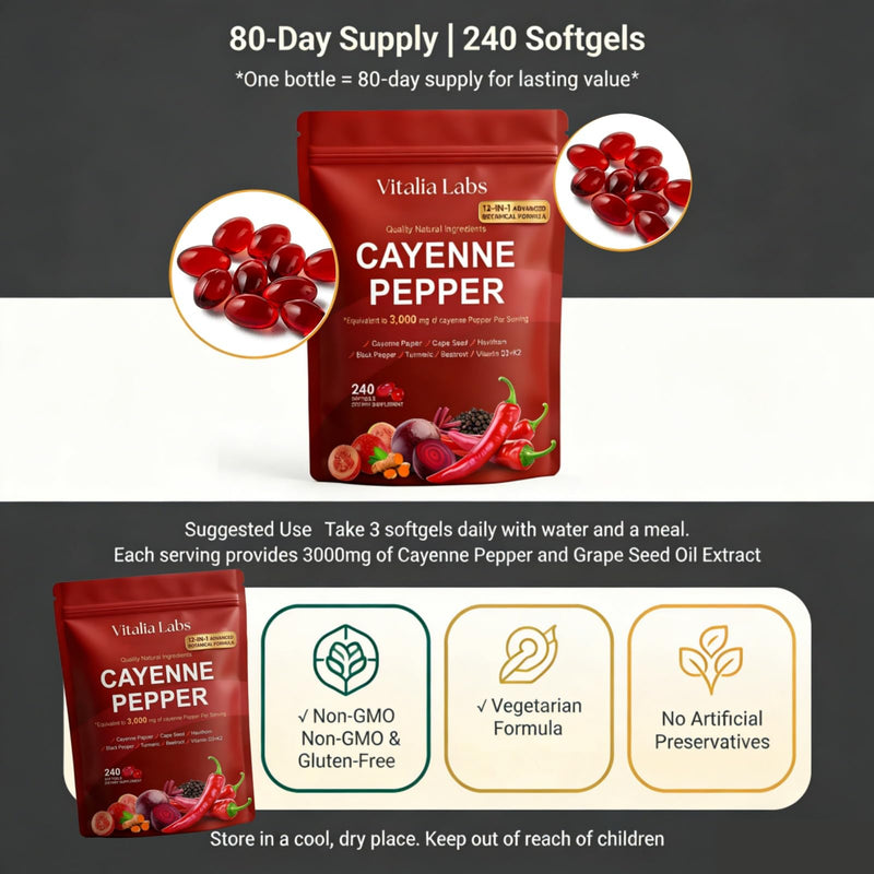 Vitalia Cayenne Pepper Softgels, Supplement with Vitamin E, D3+K2-240 Count