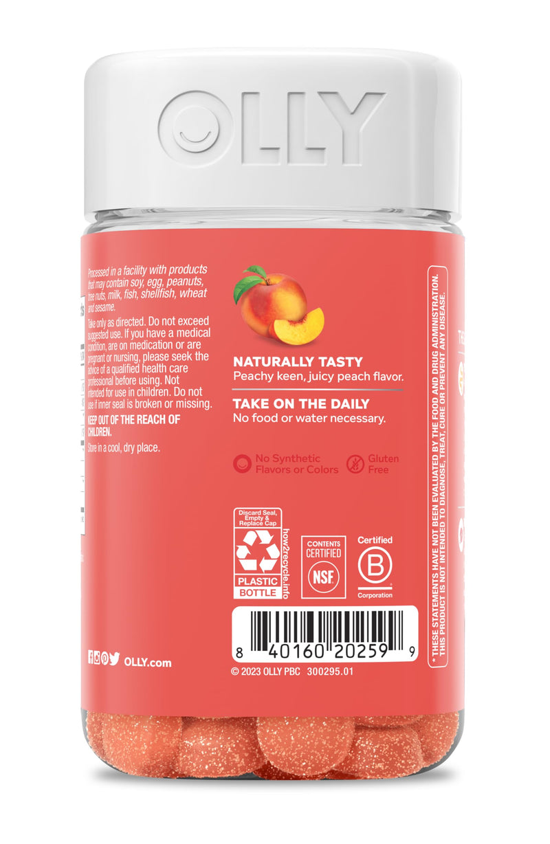 OLLY Probiotic + Prebiotic Gummy,Digestive Support and Gut Health,500 Million CFUs,Fiber,Adult Chewable Supplement for Men and Women,Peach,60 Day Supply -,60 Count (Pack of 2) 60 Count (Pack of 2) Nutritional Supplement