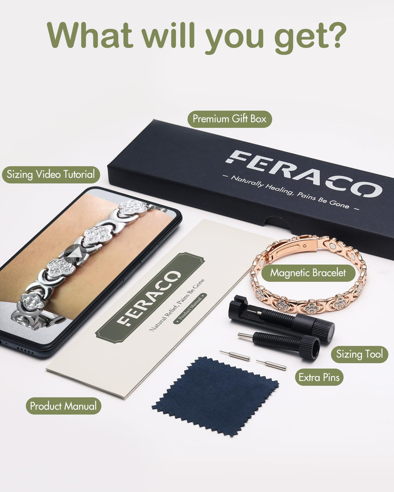 Feraco Pure Copper Bracelets for Women, Ultra Strength Magnetic Therapy Bracelet for Pain Relief with Neodymium Magnets & Sparkling Cubic Zirconia, Adjustable, Infinite Clover Jewelry Rose Gold