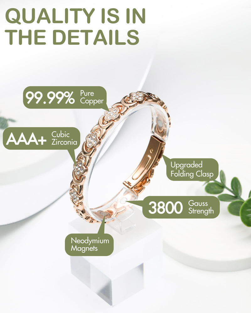 Feraco Pure Copper Bracelets for Women, Ultra Strength Magnetic Therapy Bracelet for Pain Relief with Neodymium Magnets & Sparkling Cubic Zirconia, Adjustable, Infinite Clover Jewelry Rose Gold