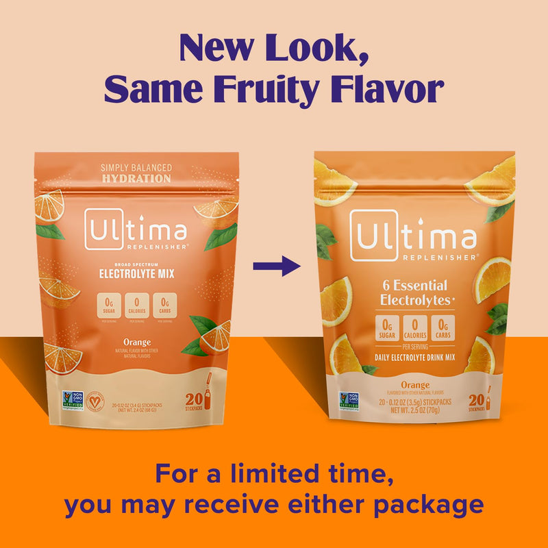 Ultima Replenisher Daily Electrolyte Powder Drink Mix ‚ÄìSugar Free ‚Äì Orange, 20 Stickpacks ‚Äì Hydration Packets with 6 Key Electrolytes and Trace Minerals ‚Äì Keto Friendly, Vegan, Non-GMO