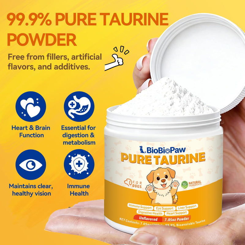 Pure Taurine for Dogs Taurine Powder Supplement for Pet Puppy 500mg Unflavored Easy-to-Mix Taurine Supplement for Doggy Supports Immune Heart Vision Skin & Coat Vitality Made in USA 200 Grams