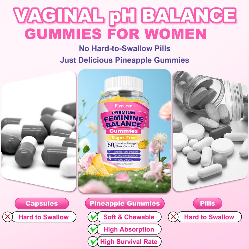 60 Count Feminine Balance Gummies for Women, Pineapple Flavor | PH Balance Gummies Support Women's Health, Vaginal Flora, Gut Health & Immune System, Vegan, Gelatin & Gluten-Free 60 Count (Pack of 1)