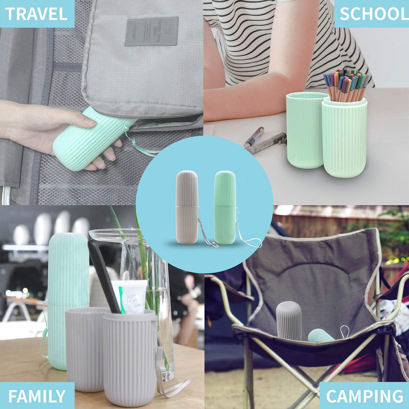 Sunenlyst 2Pcs Travel Toothbrush Holder, Portable Toothbrush Cup Case Long 7.7 inch for Traveling, Camping, Business Trip and School, Multifuction Toothbrushes Toothpaste Set Green and Grey - BeesActive Australia