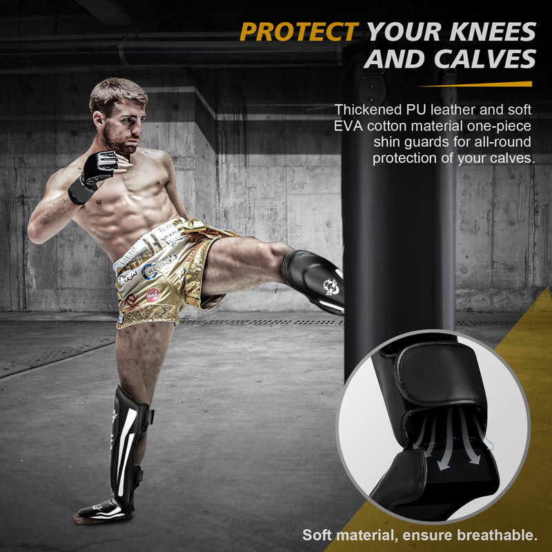 Kickboxing Shin Guards Muay Thai Shin Pads for Men, Women, Adjustable Leg Guards with Instep Protection Shinguards Martial Arts Training Equipment for MMA Training and Sparring Medium WU GIANT