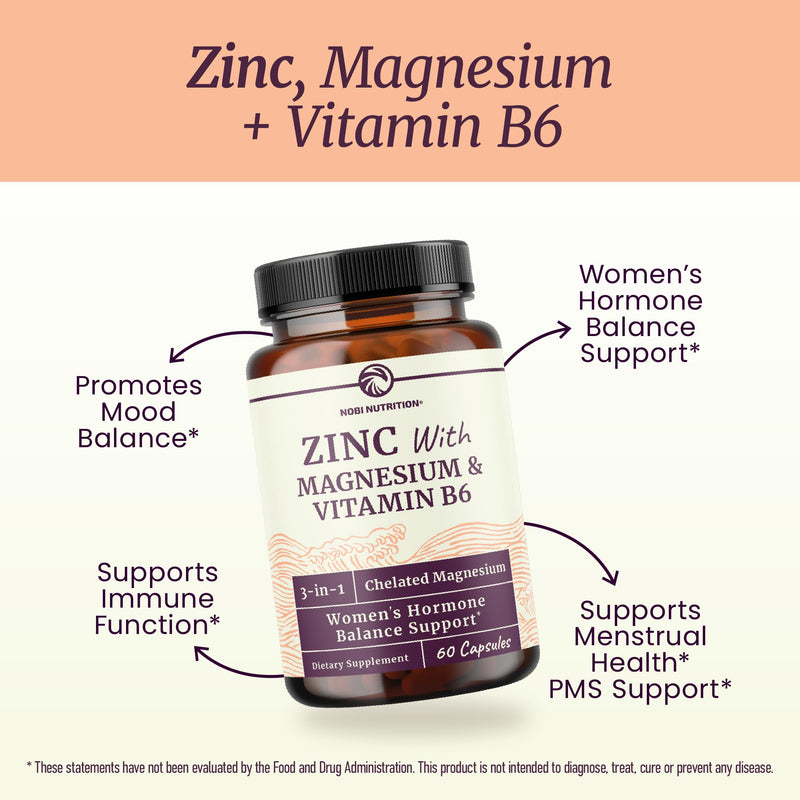 Zinc and Magnesium Supplement with Vitamin B6, Women’s Hormone Balance | Menstrual Cycle & Immune Support, High Absorption Chelated Magnesium Glycinate with Zinc Picolinate and Vit B6, 60 Capsules