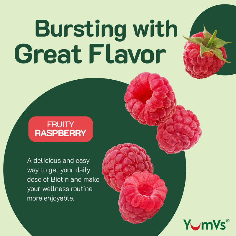 YumVs Biotin Gummies 5000mcg - Luscious Raspberry Flavor - Thicker Faster Hair Growth Gummies for Women or Men - Hair, Skin & Nails Vitamins - Hair Gummies - Vegetarian Biotin Supplement (60 Count) 60 Count (Pack of 1)