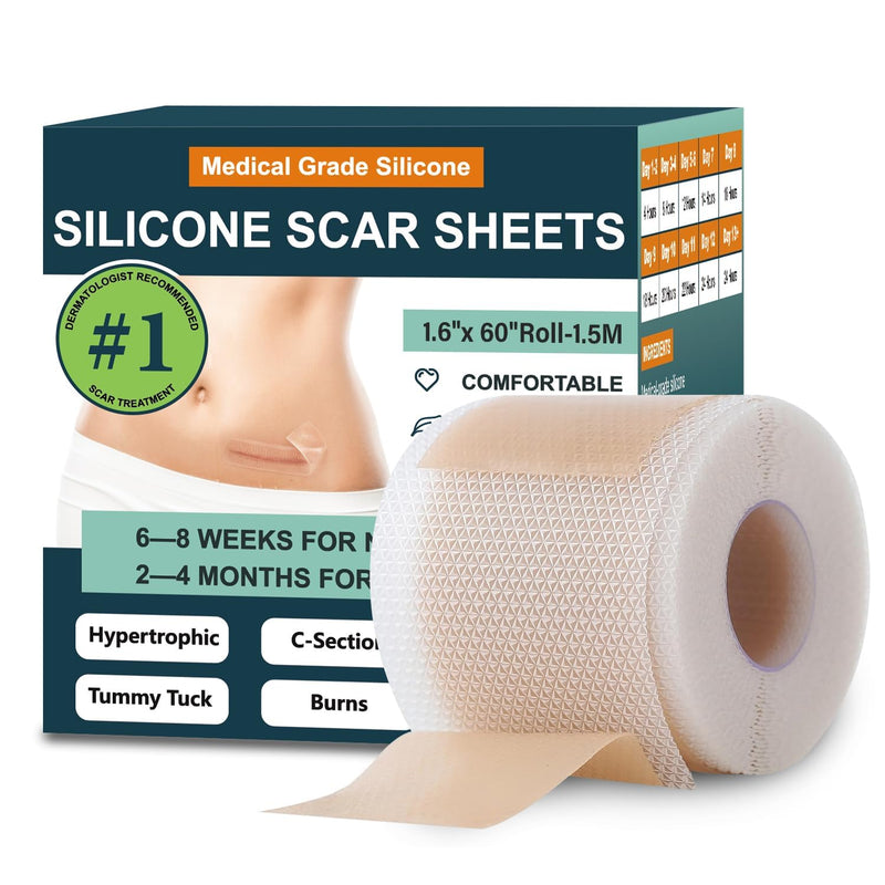 Silicone Scar Sheets, Silicone Scar Tape, Silicone Sheets For Scars, Scar Tape For Surgical Scars, Scar Removal For Surgical(1.6"x 60" Roll-1.5M) 1.5M