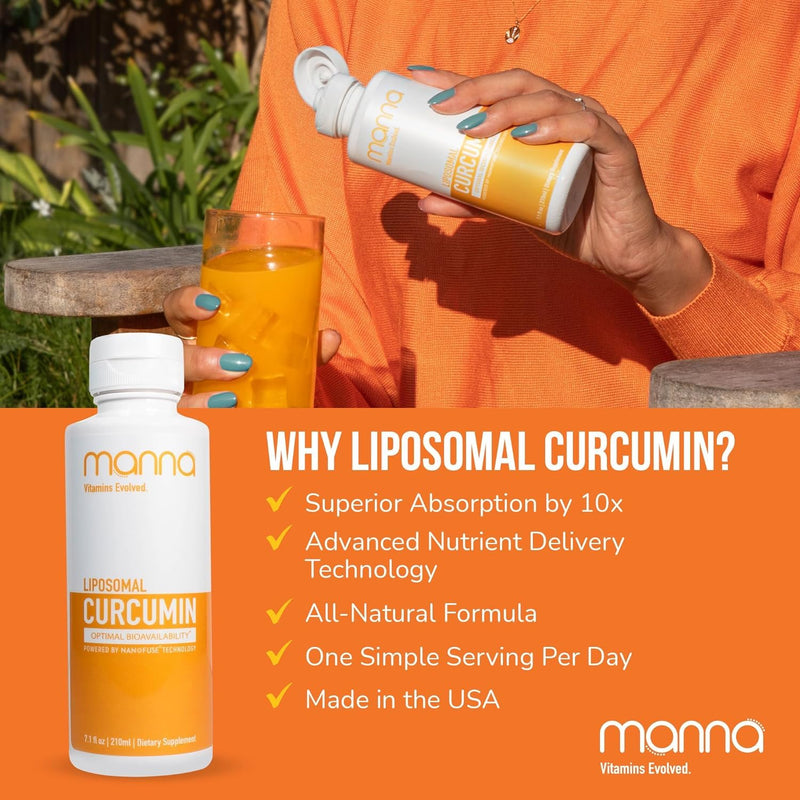 Manna Vitamins Evolved Liposomal Liquid Curcumin for Advanced Absorption Best Turmeric Supplement for Daily Joint & Immune Health Support - Vegan, Non-GMO, 95% Curcuminoids (1 Pack) Tangy Tangerine 7.6 Fl Oz (Pack of 1) - BeesActive Australia