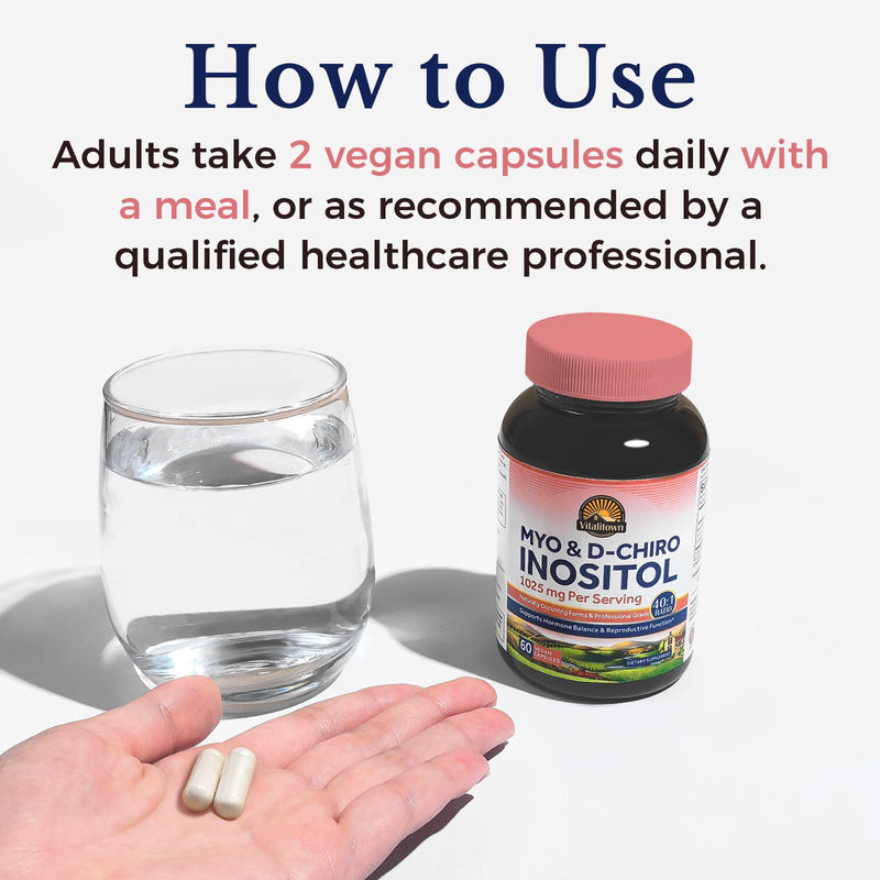Vitalitown Inositol Supplement for Women, Myo-Inositol & D-Chiro Inositol, Ideal 40:1 Ratio, Hormone Balance & Healthy Ovarian Support for Women, Vitamin B8, Vegan, 60 Capsules, No Gluten