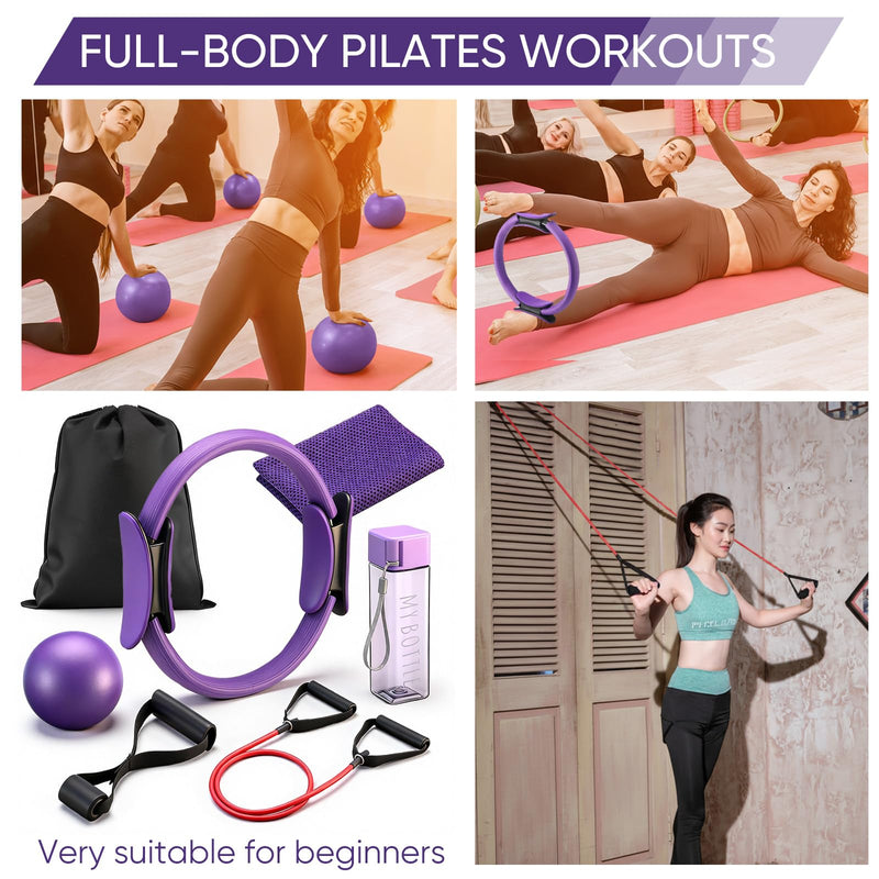 Soulchen 7pcs Pilates Ring Essentials Set for Women Pilates Ring and Ball Kit for Home Workouts 10 Inch Yoga Ball, Resistance Bands, Cold Towel & Bottle, Exercise Accessories Gifts for Women Beginners