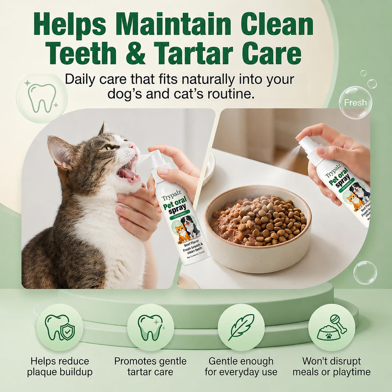 Halpilt Pet Oral Tartar Remover Spray, Trypalz Dentaclean Spray for Dogs & Cat, Plaque & Tartar Remover, Supports Fresh Breath & Clean Teeth, Eliminates Bad Breath for Healthy Gums, Beef Flavor (1) 1