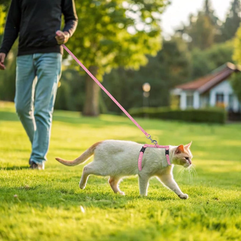 PAWCHIE Cat Harness with Leash and Collar Set - Escape Proof Adjustable H-shped Cat Harness with Star and Moon Pattern Glow in The Dark for Kitty Outdoor Walking Pink - BeesActive Australia