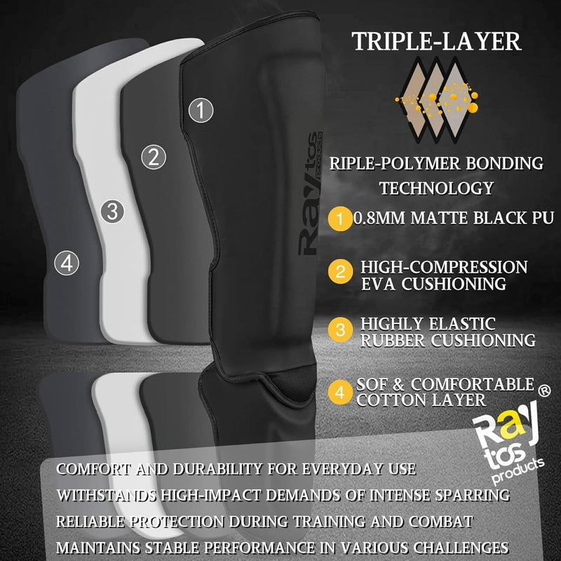 Muay Thai Shin Guards - MMA Kickboxing Leg Instep Protective Pads, Martial Art Sparring Gear for BJJ Karate Boxing Taekwondo Training, Men Adults Kids Children Black&A Medium