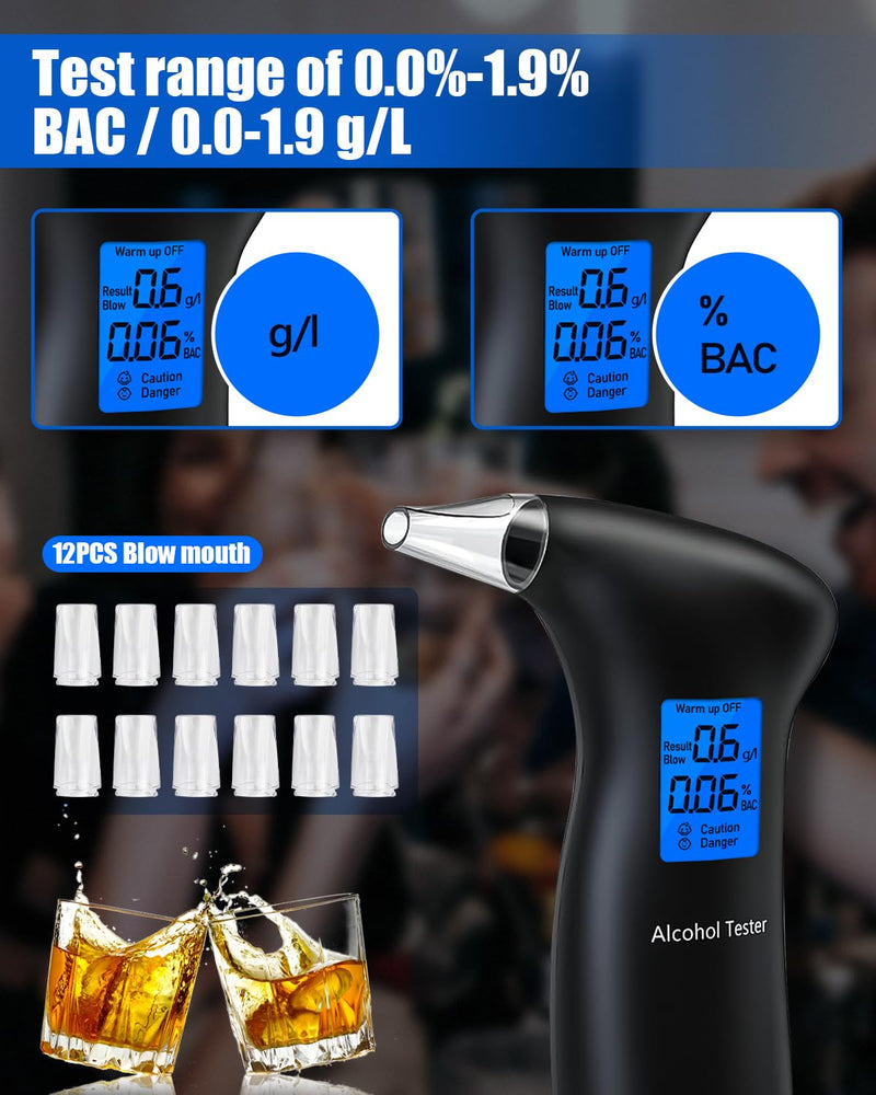 VRKYRIN Breathalyzer for Alcohol, Portable Breathalyzers to Test Alcohol Personal Alcohol Breathalyzer Tester with LCD Display and 12 Mouthpieces for Home Party Use - BeesActive Australia
