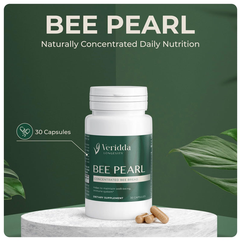 Bee Pearl Capsules - Vegetarian Pollen Nectar and Enzyme Blend for Natural Immunity & Vitality Support, Concentrated Bee Bread 700 mg, Omega 3, Omega 6, Vitamin C
