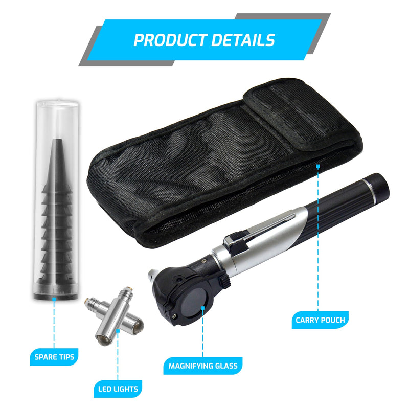 Mini Otoscope – Ear Scope with Light for Kids & Adults – Ear Infection Detector Comes with 10 Specula, 1 Extra Light & Case (Black) Black - BeesActive Australia