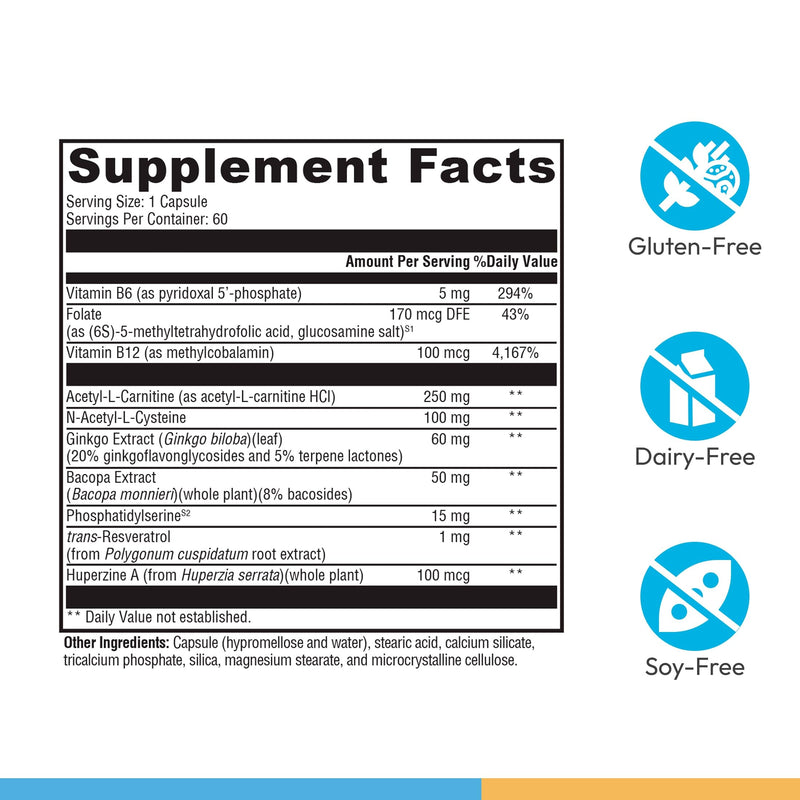XYMOGEN MemorAll, 60 Capsules | Brain and Memory Support, Ginkgo Biloba, Bacopa, and B Vitamins, Gluten-Free, Dairy-Free, and Non-GMO
