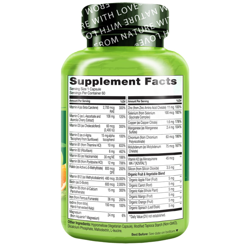 NATURELO Bariatric Multivitamin with Iron, 60 Veggie Capsules, 2 Pk | One daily, for post gastric bypass surgery patients and bariatric surgery patients, natural whole food nutrition 60 Count (Pack of 2)