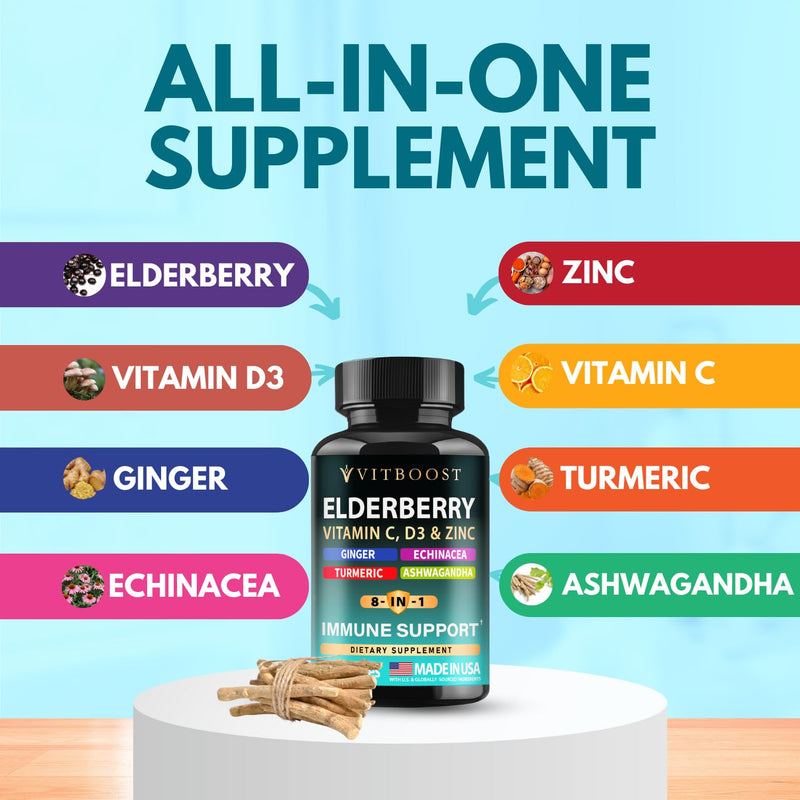 Elderberry Immune Support Supplement 8-in-1 Formula with Echinacea, Vitamin C & Zinc, Vitamin D 5000 IU, Turmeric, Ginger, Ashwagandha ‚Äì 60 Capsules 60 Capsules (Pack of 1)
