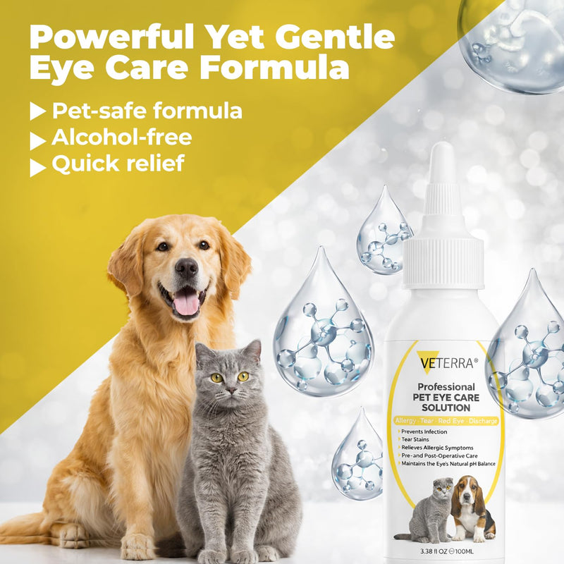 Dog and Cat Eye Care Solution for Dogs & Cats – Vet Recommended Eye Cleaner, Helps Remove Eye Discharge & Tear Stains, Supports Eye Hygiene, Gentle Daily Use Eye Wash - 3.38 Oz 100 Ml