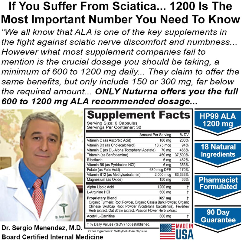 Sciatica Nerve Relief Supplement 1200 mg HP-99 Alpha Lipoic Acid - Maximum Strength ALA Sciatic Nerve Support for Lower Back Hip Buttock Legs & Feet - Ultra Potent 18-in-1 Natural Vitamins - 180 Caps White-cream