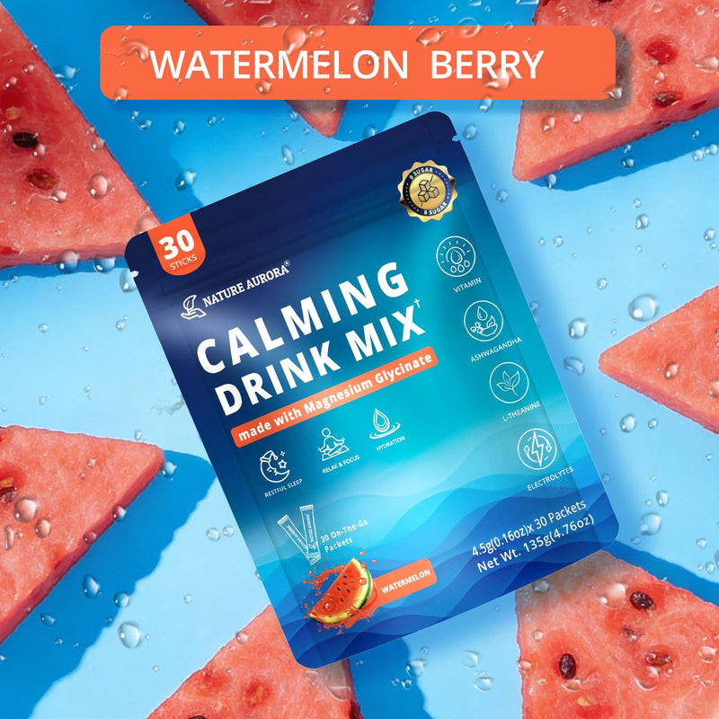 Cortisol Calming Drink Mix for Sleep & Stress Relief, Watermelon, 30ct | Calm Magnesium Powder, Adaptogenic Powdered Drink Mix with Magnesium Glycinate, L-Theanine, Ashwagandha, Mushroom & Vitamin