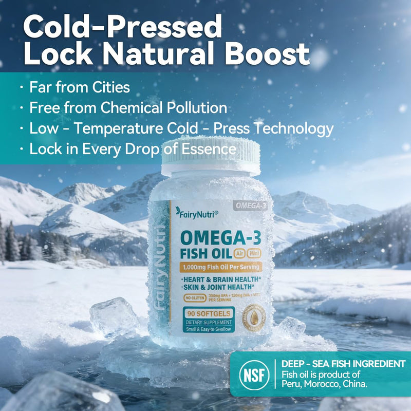 Omega-3 Fish Oil Softgels, 1000mg Per Serving, 350mg EPA + 130mg DHA, Heart & Brain Health Support, Air Mini Small & Easy to Swallow, 90 Count