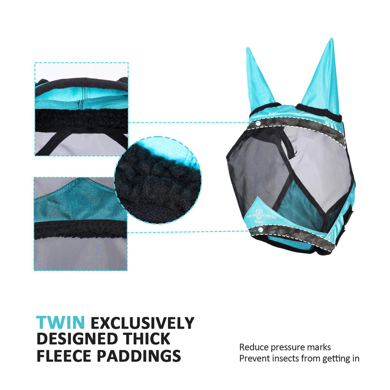 Harrison Howard Pro Luminous Horse Half Face Fly Mask Large Eye Space with Ears UV Protection for Horse Teal L - BeesActive Australia