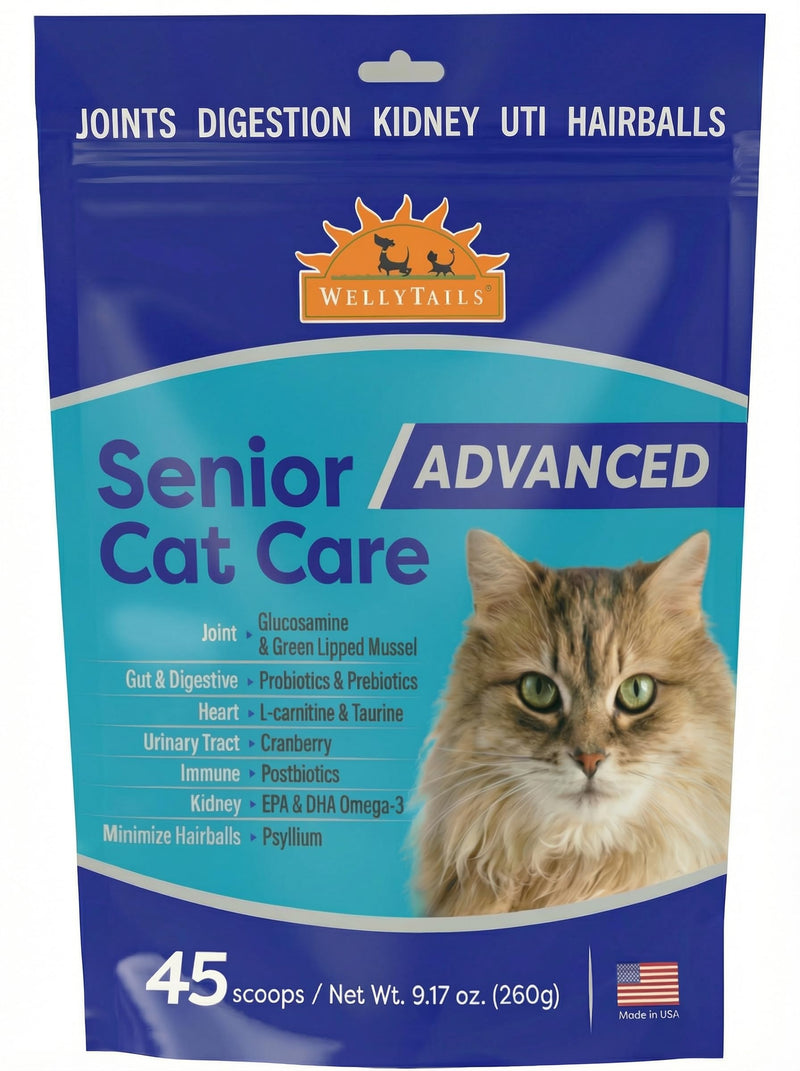 Senior Cat Joint Supplement Glucosamine, Chondroitin, Green Lipped Mussel + Probiotics and Digestive Enzymes, Heart, Urinary Tract and Immunity Support and Hairball Management 45 Scoops