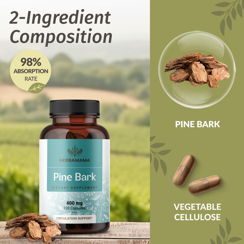 HERBAMAMA Pine Bark Extract Capsules - 400mg French Maritime Pine Bark Extract Powder for Antioxidant Support - Vegan, Non-GMO Pinus Pinaster Supplement - BeesActive Australia