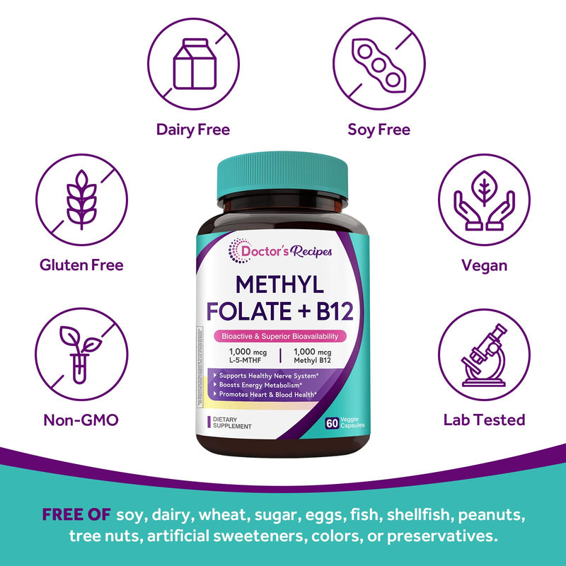 Doctor's Recipes Methyl Folate & B12 Supplement for Women and Men, L-5-MTHF 1000 mcg, Vitamin B12 1000 mcg, Bioactive, Naturally Occurring, High Absorption, Nerve, Energy & Heart Support, 60 Caps